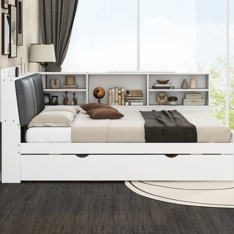 Lit plateforme double en bois blanc avec lit gigogne, rangement intégré et tête de lit, Complet/Double