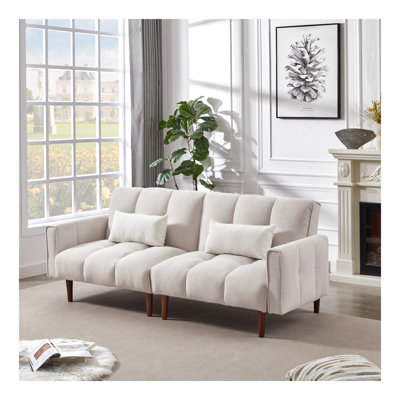 Canapé-lit de futon convertible Canapé-lit réglable en tissu moderne avec revêtement en tissu et pieds en bois et 2 coussins pour le salon.
