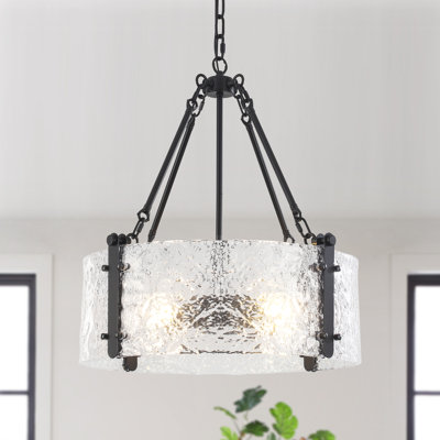 Ebern Designs Apollinaire 4-Light Matte Black Dimmable Drum Pendant with Ripple Glass, Height Adjustable Kitchen & Dining Chandelier 19.69"W