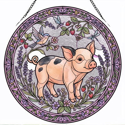 Pig Garden Stained Glass Window Panel，12"H