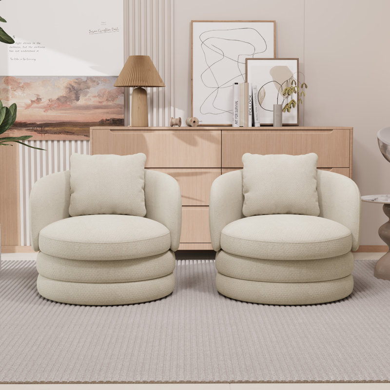 Wide Modern Upholstered Soft Swivel Barrel Chair Accent Chair(Set Of 2), Beige