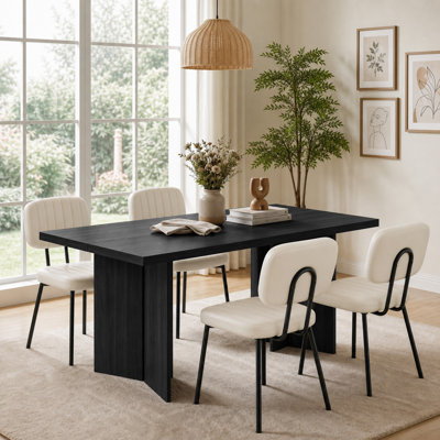 Amiin 5-Piece Rectangular Dining Table Set, Fixed Wood Grain Dining Table (1.6M / 1.8M) With Upholstered Dining Chairs, Modern Farmhouse Dinette Set For Dining Room Kitchen