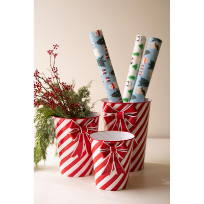 SET OF 3 PAINTED METAL RED  WHITE STRIPE CHRISTMAS PLANTERS