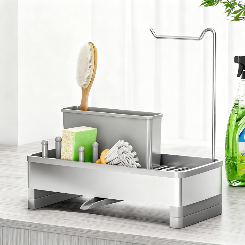 Organisateur de chariot d'évier en acier inoxydable avec bec de drain rotatif, porte-brosse amovible et support à vaisselle - Solution de rangement de comptoir de cuisine antirouille