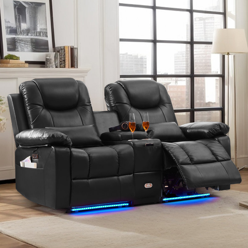 Power Reclining Loveseat Sofa Couch With Power Outlets & Colorful LED Lights For Living Room, Black