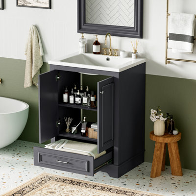 24'' Bathroom Vanity With Ceramic Sink Combo, Modern Freestanding Storage Cabinet With Silver Handles, Soft Closing Doors