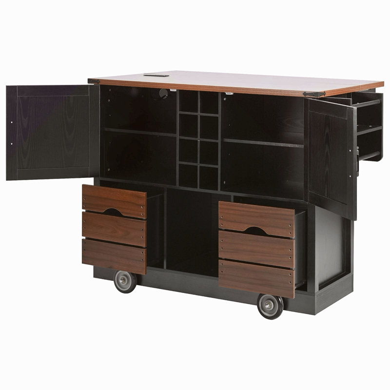 54" Farmhouse Kitchen Island With Drop Leaf, Power Outlet, Kitchen Storage Cart With 2 Doors, 2 Drawers, Rolling Kitchen Island On 4 Large Wheels With Spice Rack For Kitchen, Dining Room