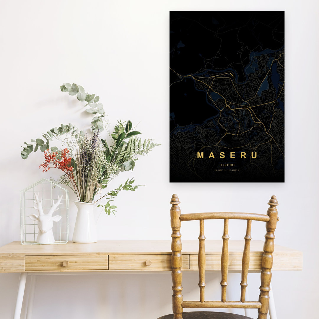 Golden Maseru City Map Abstract Minimalist Modern City Wall Art Print