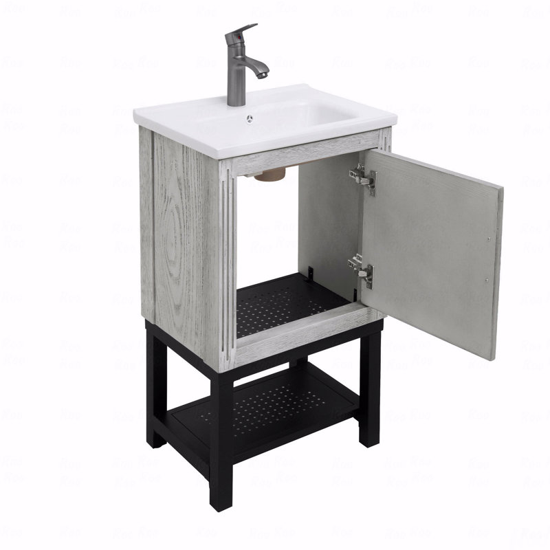 Petit meuble-lavabo de 20 po avec lavabo et robinet d'eau chaude et froide, armoire de salle de bain autoportante avec lavabo en céramique blanche, rangement pour salle de bain avec 1 porte et tablette ouverte en fer