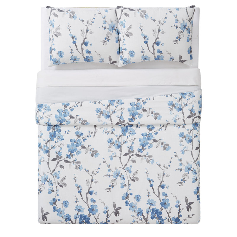 Ensemble d'édredon en microfibre blanc / bleu Kasumi, Édredon double / grand + 2 taies décoratives sta
