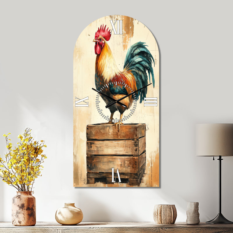 Horloge murale décorative de style ferme avec coq sur caisse en bois, H 39 po x l 19 po - Arche