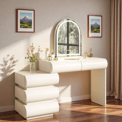Luxury 2-in-1 Vanity Table With Leather Finish, 3-color Led Lighted Mirror, Adjustable Length And 5 Storage Drawers
