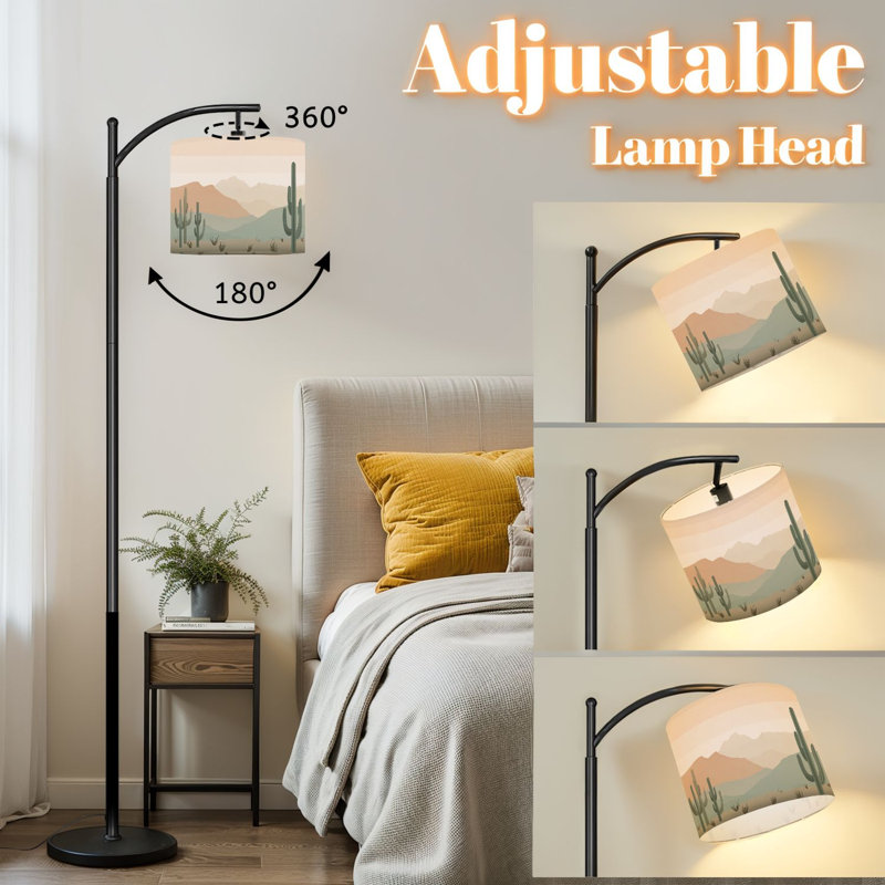 Lampe sur pied à arc avec abat-jour réglable en terre cuite vert géométrique paysage désertique sur pied Lampe sur pied à 3 températures de couleur à intensité variable avec interrupteur au pied pour la chambre à coucher
