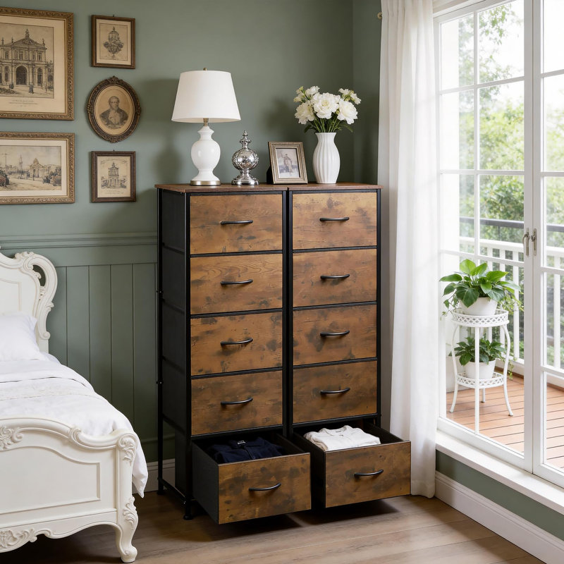 10 Drawer Dresser, 31.5×11.81×46.46 Inch Metal Frame, Tall Fabric Drawer Chest, Industrial Dresser for Living Room & Bedroom