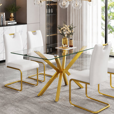 Table de salle à manger rectangulaire en verre trempé transparent de 47,24 po avec pieds en métal doré et table de salle à manger