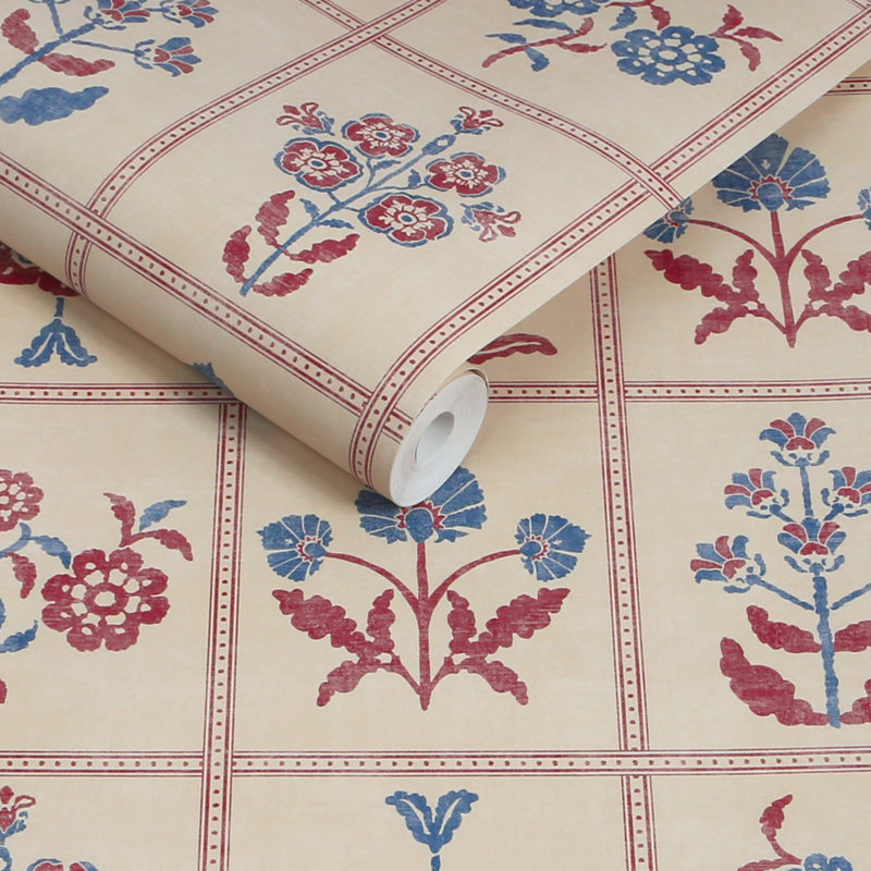 Joules Garden Floral Grid Red/Blue Wallpaper, Red
