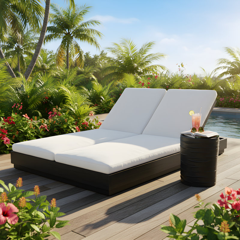 Lucerne Patio 2-Piece Acacia Wood Double Chaise Lounge And MGO Side Table Set