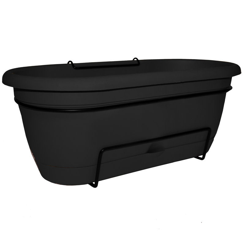 Lucca Self-Watering Plastic Indoor/Outdoor Oval Balcony Box Planter with Metal Hanging Bracket, Black