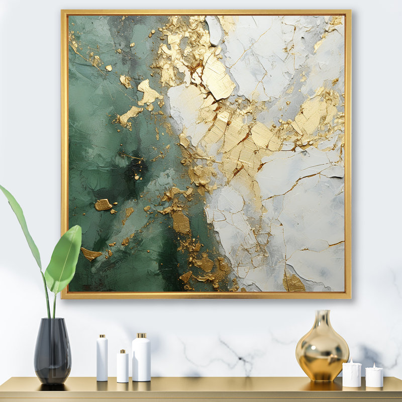 Gold And Green Paint Fusion - Abstract Wall Art Living Room, Wrapped Canvas, 36" H x 36" W, No Frame