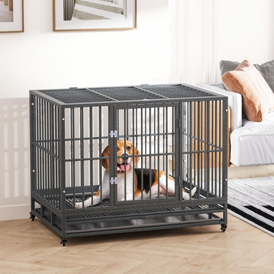 43" Heavy Duty Dog Crate Metal Cage Kennel With Lockable Wheels, Double Door And Removable Tray