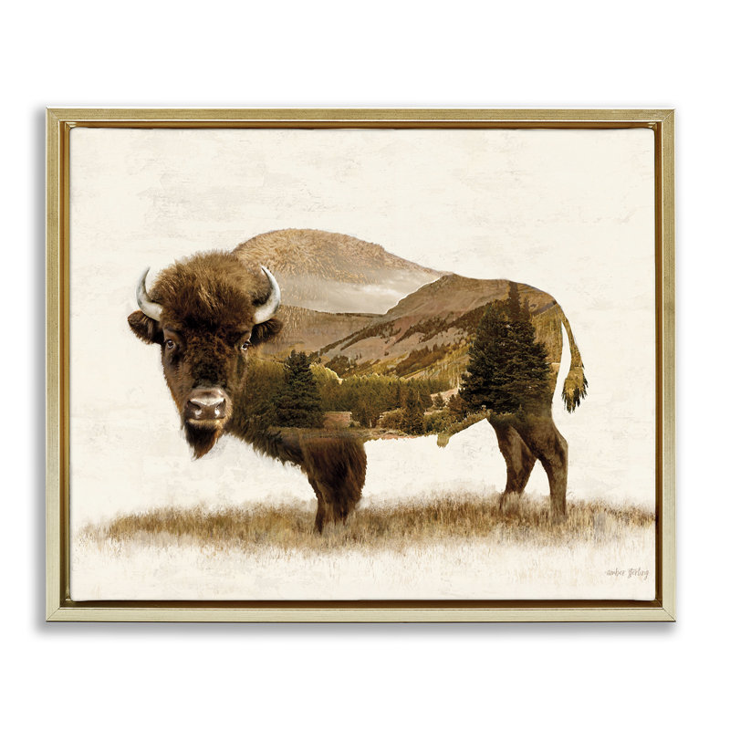 Art mural sur toile Nature Bison Floater par Amber Sterling, Cadre flottant métallique doré, H 17 po x l 21 po