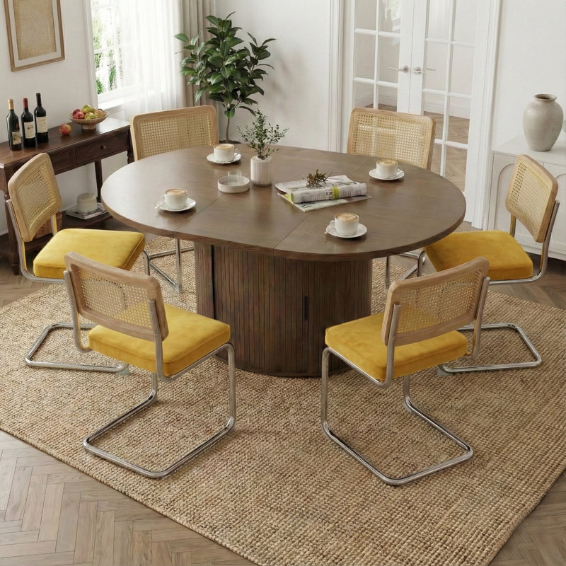 Ensemble de table de salle à manger extensible ronde avec 6 chaises en porte-à-faux, Jaune