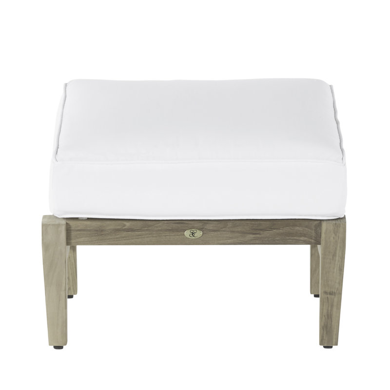 Croquet Outdoor Teak Ottoman with Cushion, Welt, Frond Chambray, Oyster Teak