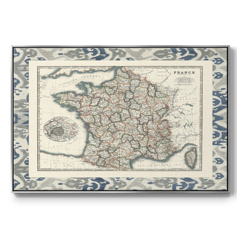 Carte frontalière de la France, H 25 po x l 37 po x P 2 po, Argent
