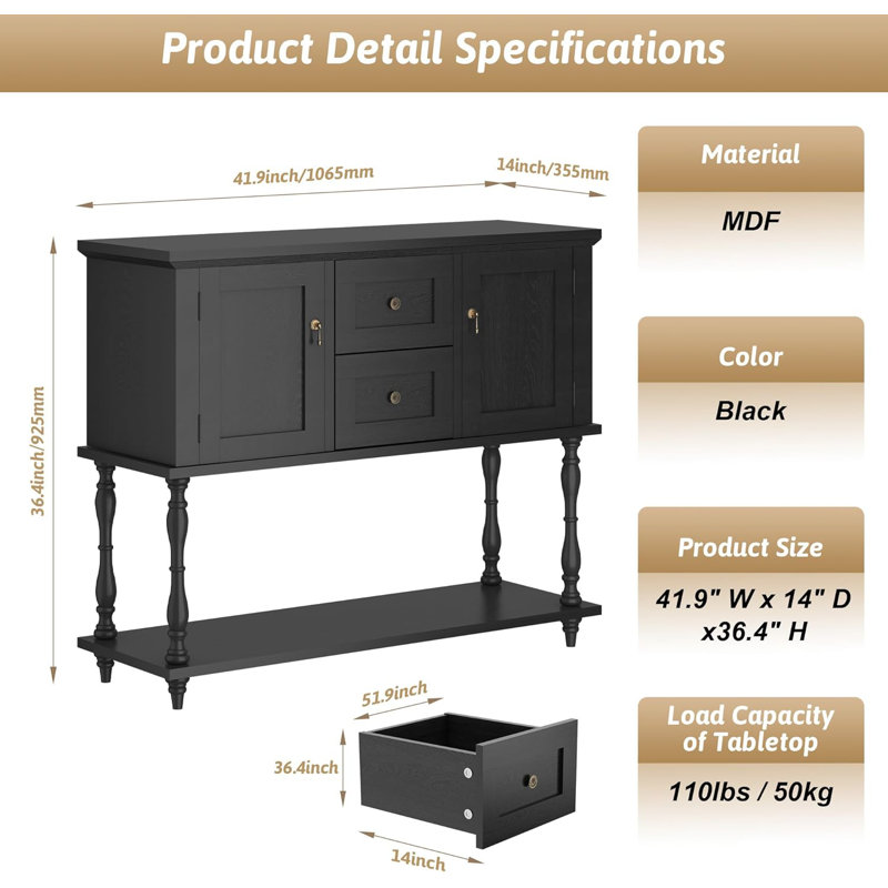 Table de couloir d'entrée avec 2 tiroirs, console rétro de 42 po avec tablette de rangement et 2 portes, buffet Buffet Farmhouse