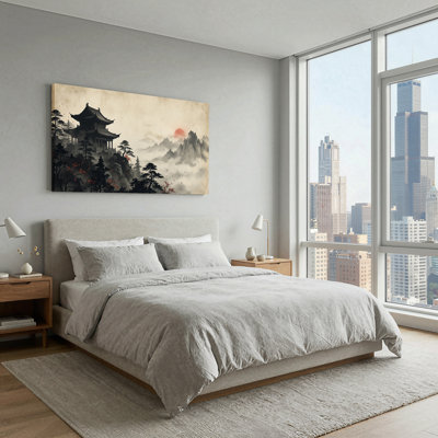 «Asian Pagoda and Misty Mountains», art mural sur toile