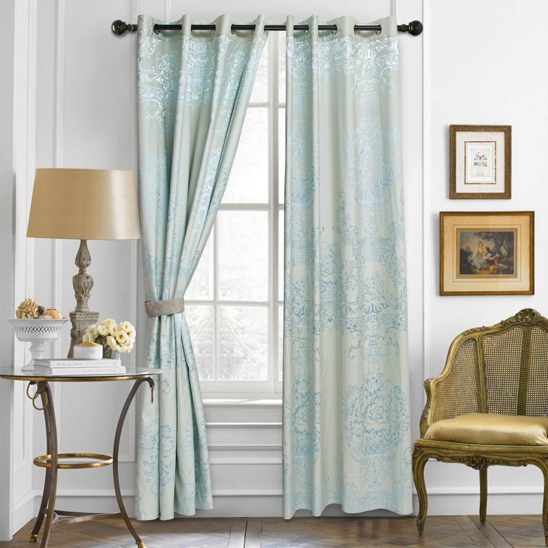 Dolce-Mela Cotton Blend Blackout Curtain, Light Gray/Light Sky Blue