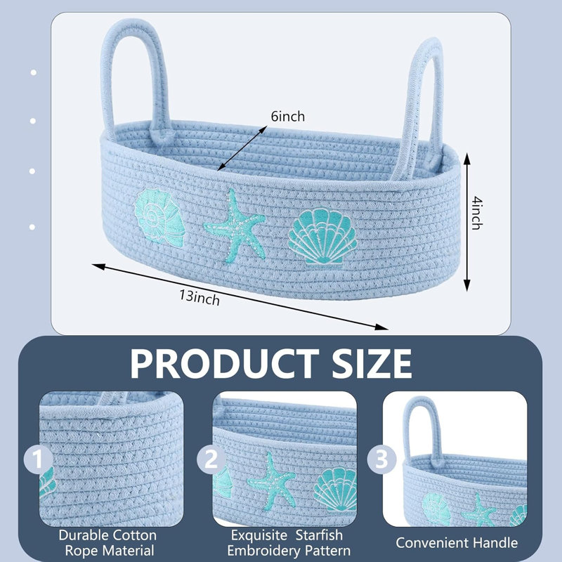 Panier en corde de coton tressée bleu côtier, décor étoile de mer et coquillage pour comptoir de salle de bain et chambre d'enfant, 13×6×4 pouces