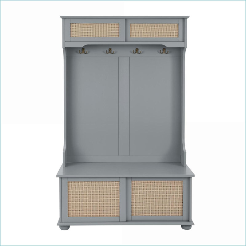 Banc de hall d'entrée avec rangement pour chaussures Hall Tree | Portes en rotin, pieds en bois massif | Gris, panneau de fibres à densité moyenne