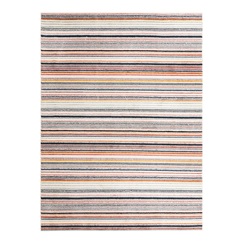 Tapis rayé bleu / orange / gris Prentice, Rectangle 9 pi 10 po x 13 pi