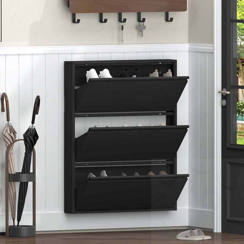 Armoire à chaussures murale avec 3 tiroirs rabattables, Noir, 48.35"H x  29.92"W x  6.5"D