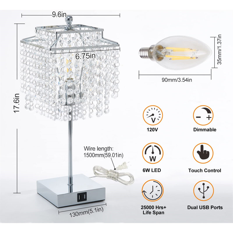 Silver Crystal Touch Control Table Lamp with USB Ports