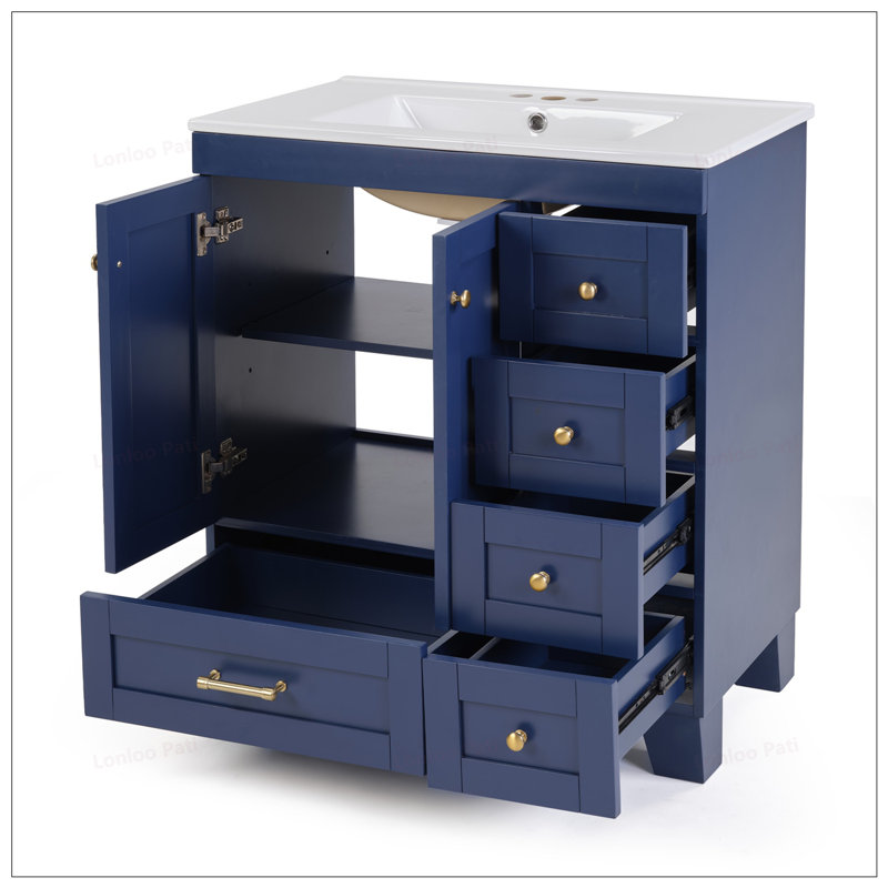 Meuble-lavabo à fermeture en douceur 30 po avec lavabo en céramique, Bleu très foncé