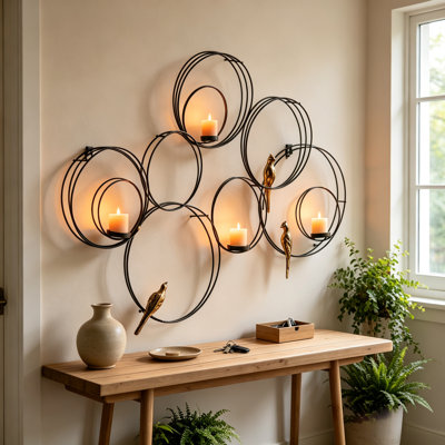 31.5" Black Gold Circular Metal Bird Wall Decor, 3D Dimensional Iron Wall Sculpture with 3 Glass Candle Holders for Living Room Entryway Modern Farmhouse