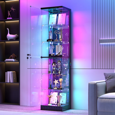 67‘’H Glass Display Cabinet With Rgb Sensor Lights, Lockable 6-Tier Storage Cabinet