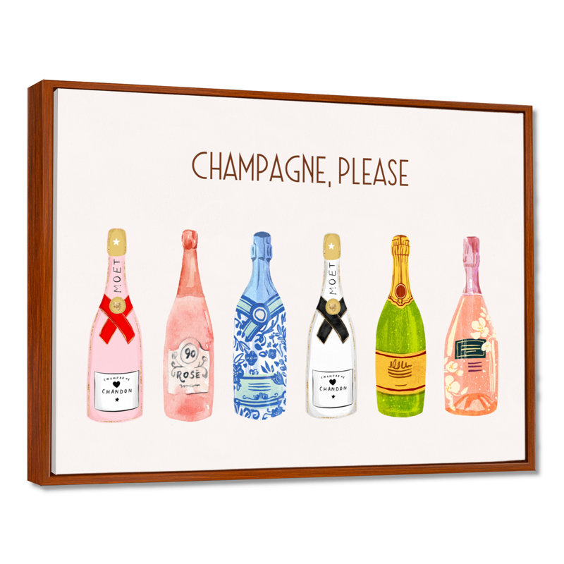 Champagne, veuillez Happy Hour - Champagne, art mural, Cadre flottant brun, H 16 po x l 32 po
