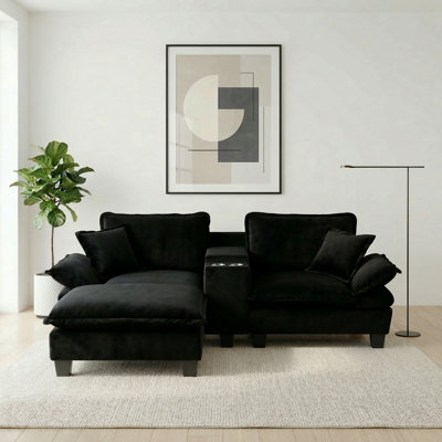 Modular Cloud Couch, L-Shape Sailboat Sofa With Cup Holders & Storage, Usb Port, 1 Ottomans & 2 Pillows, Chenille For Apartment & Living Room, Black