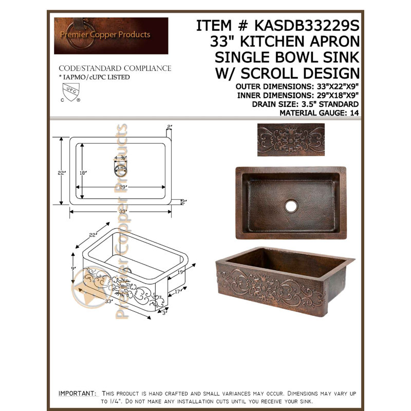 33" Hammered Copper Apron Front Single Basin Kitchen Sink w/ Scroll Design