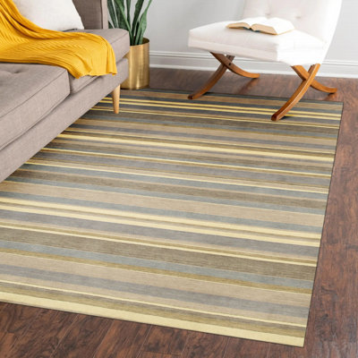 Galipeau Rustic Brown Handmade Wool Light Blue/Cream Transitional Stripe Area Rug
