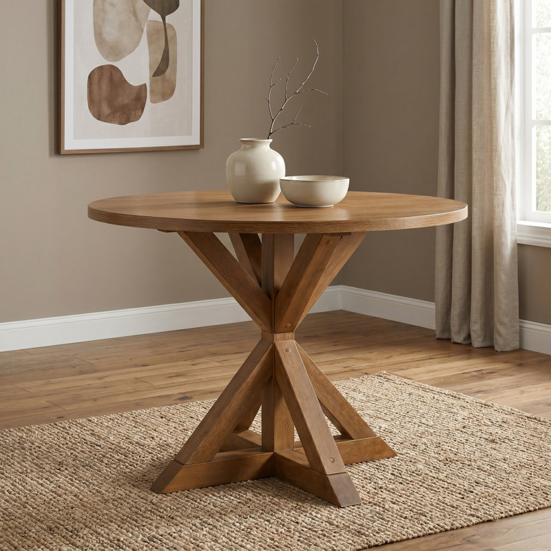 Ebbert Round Solid Wood Base Dining Table, Counter Height Table, Cottage Oak
