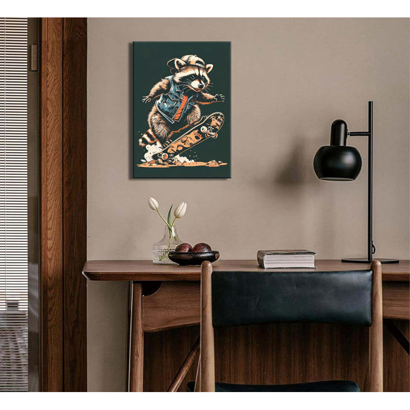 Funny Skateboard Raccoon Canvas Wall Art Cute Playful Graffiti Animal Wall Decor Picture Funky Cool Playroom Raccoon Poster Print For Kids Bedroom Home Decoration