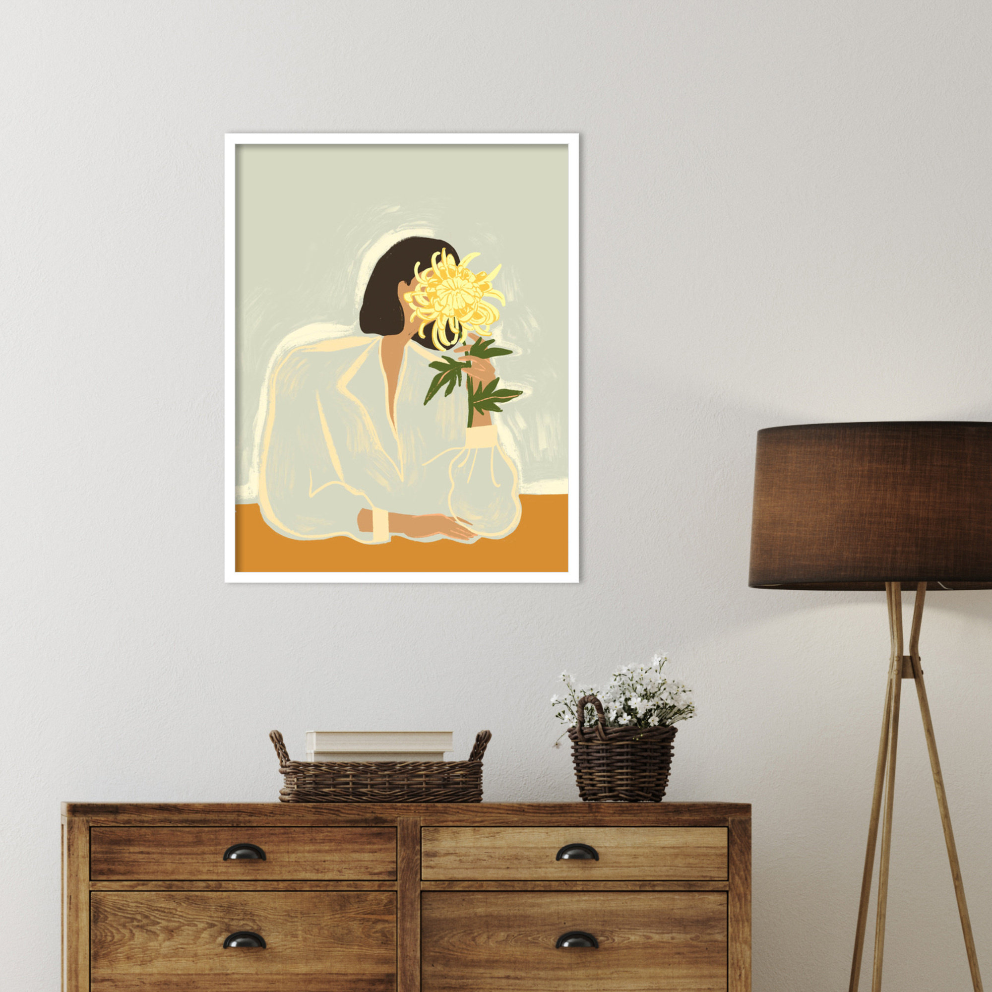 Lady With Chrysanthemum by Arty Guava Wood Framed Wall Art Print, 33" H x 26" W, White