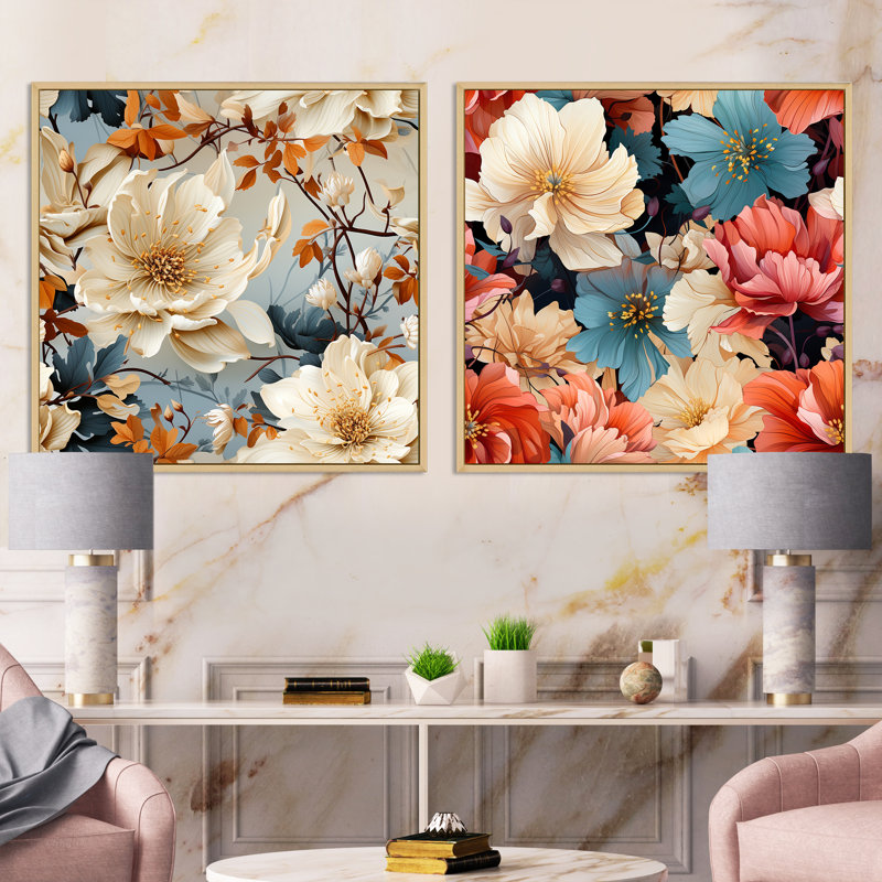 Motif floral de couleur pastel - ensemble de 2 collages floraux carrés, Cadre flottant brun, H 36 po x l 73 po