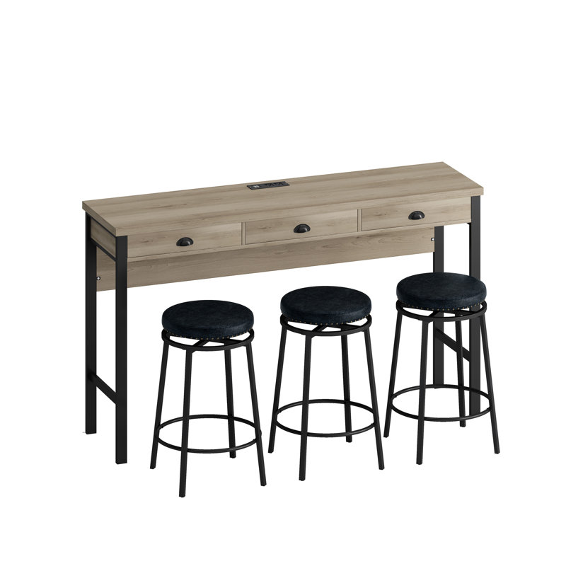 Long Dining Table Set With Power Outlets, Bar Kitchen Table Set With Circular Stools, Easy Assemble, Brown Gray Table+black Stool