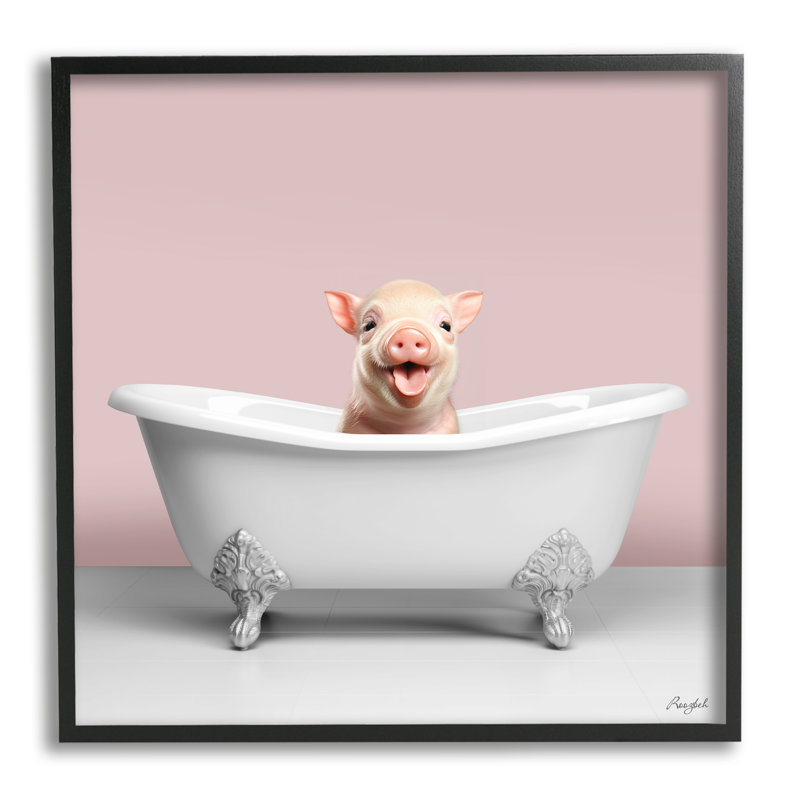 Pastel Piglet in Bathtub Gray Framed Canvas Print, 12 x 12