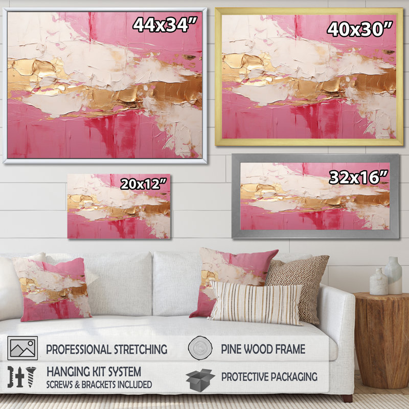 «Minimalisme rose et doré Horizon I», reproduction d'art sur toile encadrée, Toile tendue, H 16 po x l 32 po x P 1 po
